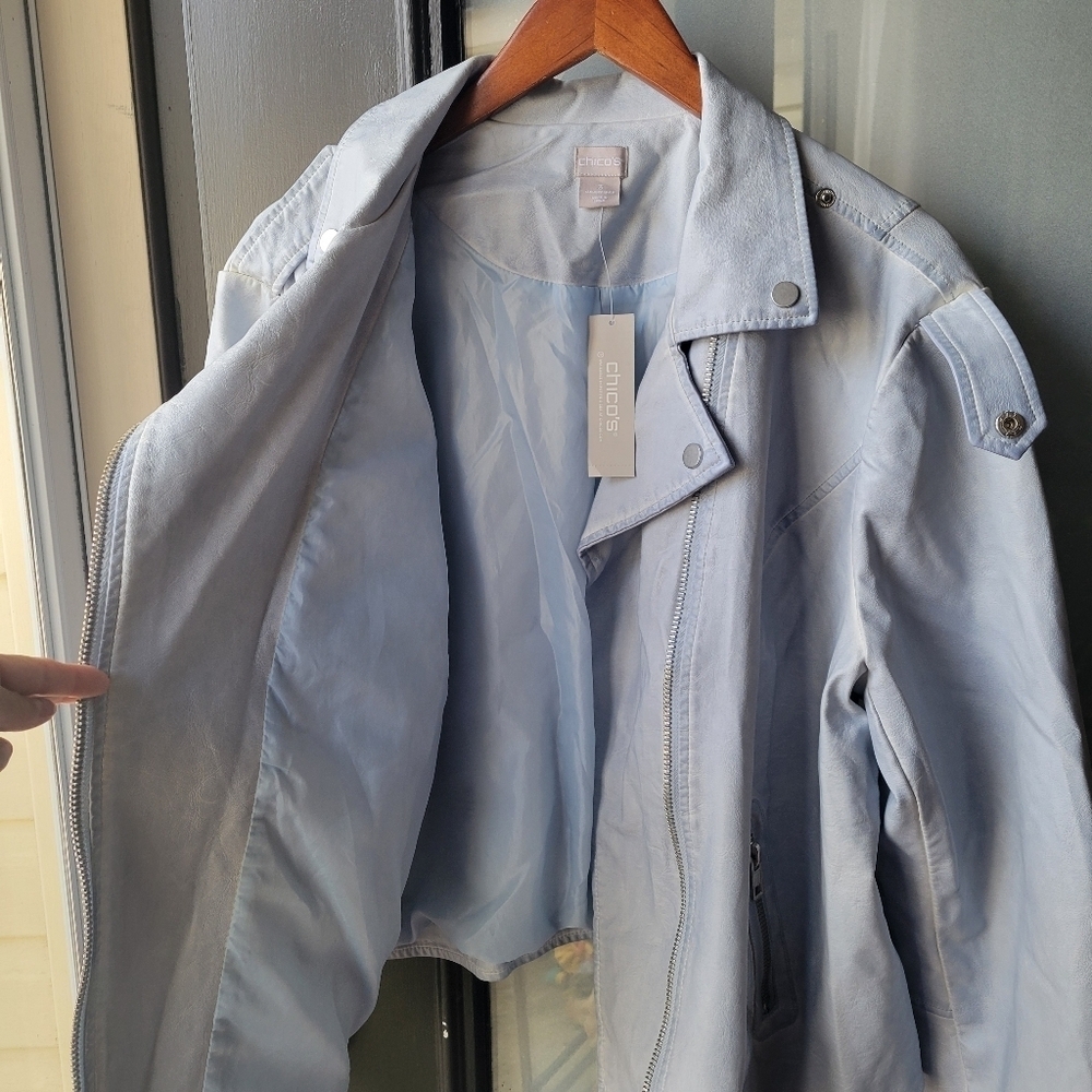 Chico's Jacket 3 Light Blue Faux Leather Zip Cafe Racer Motorcycle Biker Women 3 - Picture 7 of 12